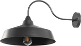 Black wall-mounted barn-style light fixture with a visible bulb on a white background
