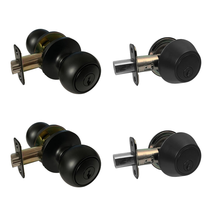 2 pack combo of round entry door knob and deadbolts in matte black