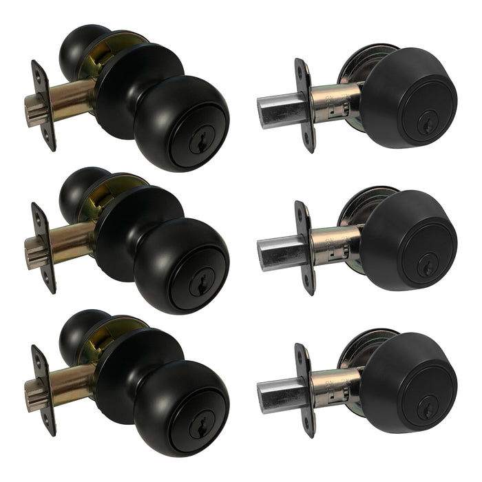 3 pack round entry knob and deadbolt combo set in matte black