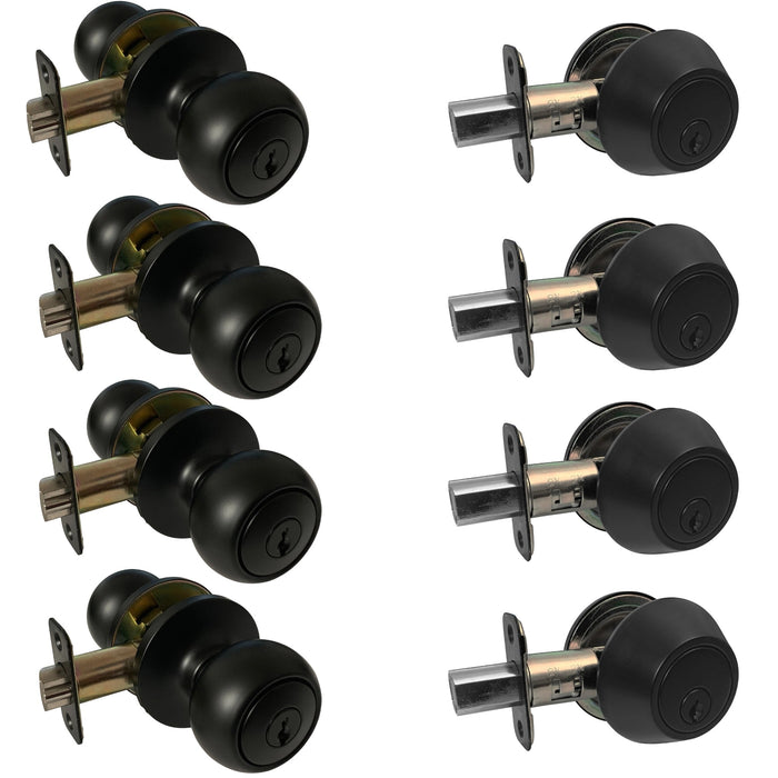 4 pack combo of round entry door knobs and deadbolts in matte black finish