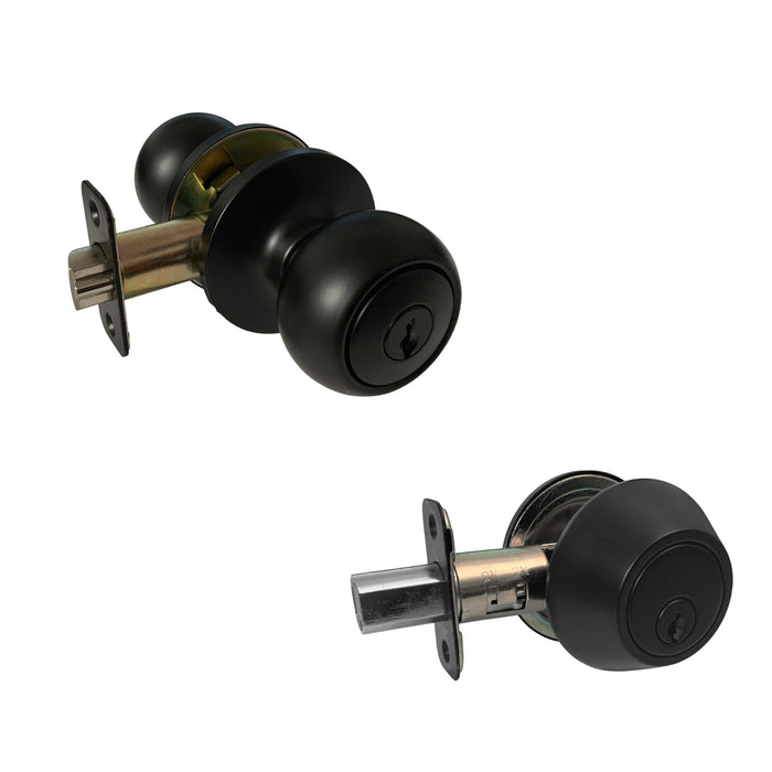 one keyed entry door knob and deadbolt keyed alike in matte black finish