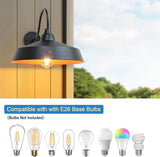 Black outdoor wall light fixture with compatibility text and various light bulbs displayed.