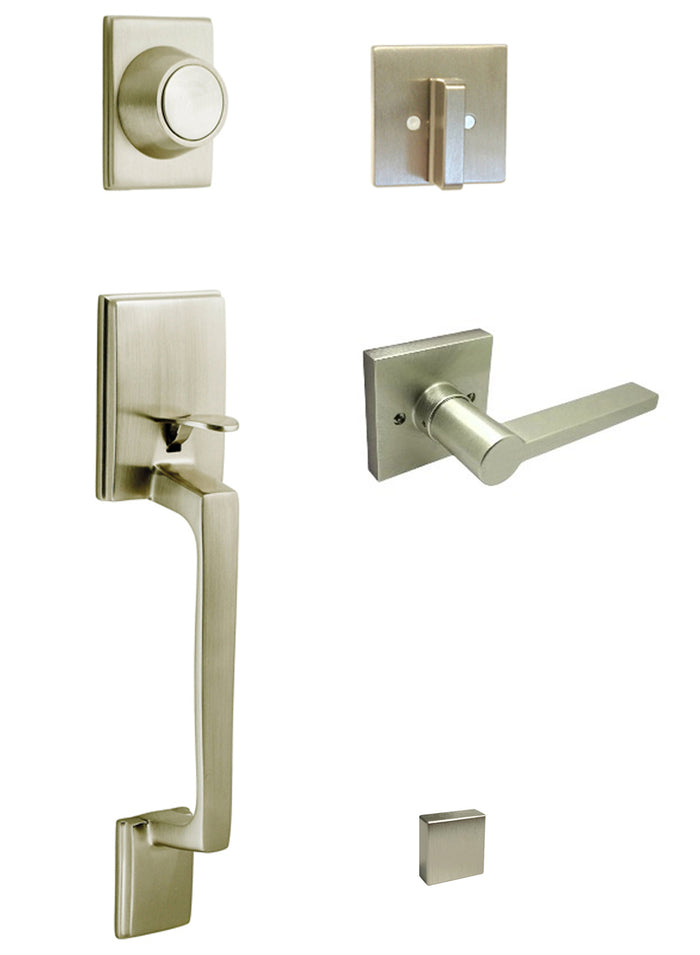 Satin Nickel Modern Front Door Dummy Handleset with 80881 style lever for inactive entry door