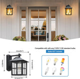 Outdoor wall lights on a wooden house exterior with bulb compatibility information.