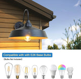 Outdoor wall light fixture on a wooden house exterior with compatible light bulbs displayed below.