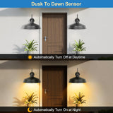 Dusk to Dawn Sensor light fixture with plants on either side of a door.
