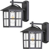 Two black outdoor wall lights with clear glass panels on a white background