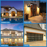 Collage of a house exterior features including swimming pool, courtyard, front door, and garage.