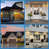 Collage of a house exterior with garage, front door, courtyard, and sunset view.