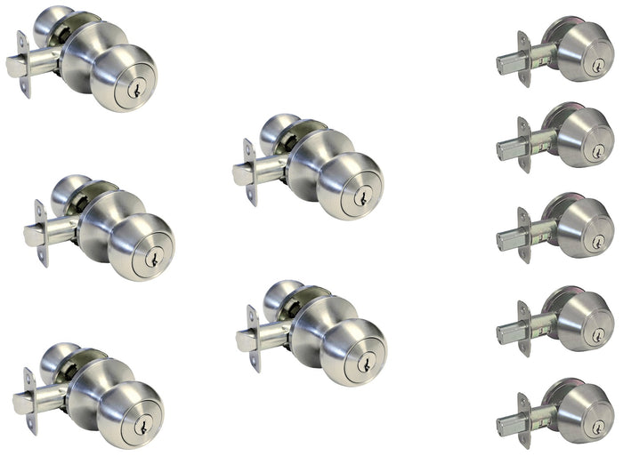 5 Pack Combo Round Satin Nickel Entry Knobs and Deadbolts