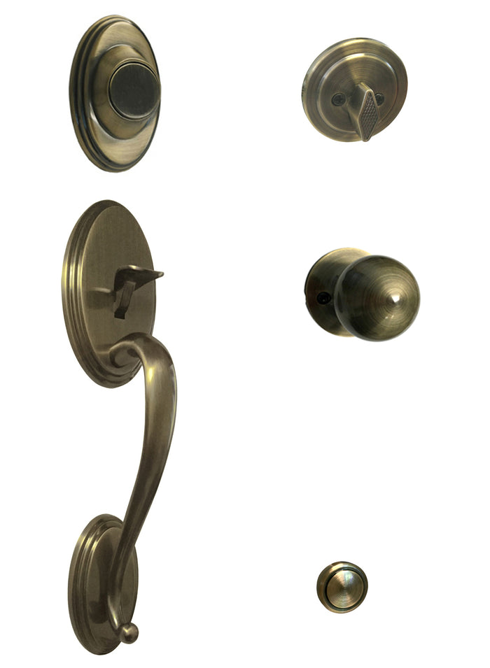 Antique Brass Traditional Front Door Handlset with Dummy Deadbolt and Round Interior Ball Knob