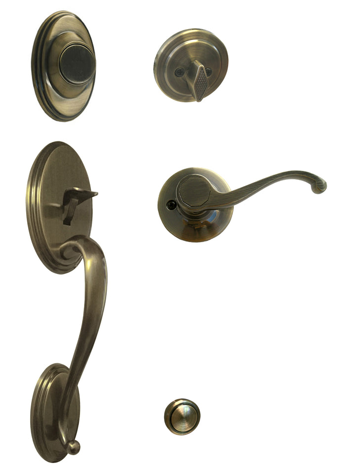 Antique Brass Front Door Handleset with Dummy Deadbolt and Traditional Interior Door Lever