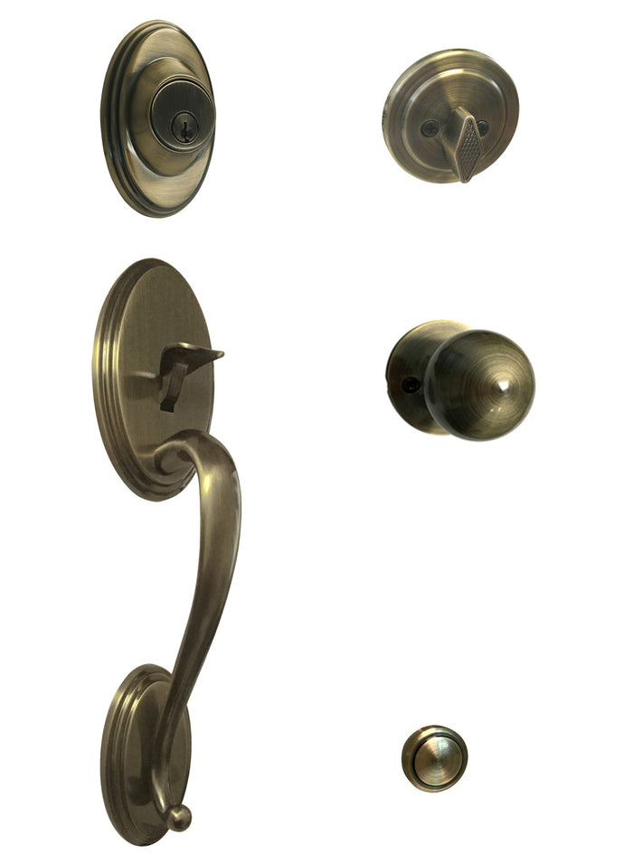 Antique Brass Traditional Front Door Handleset with Single Cylinder Deadbolt and Round Ball Interior Door Knob