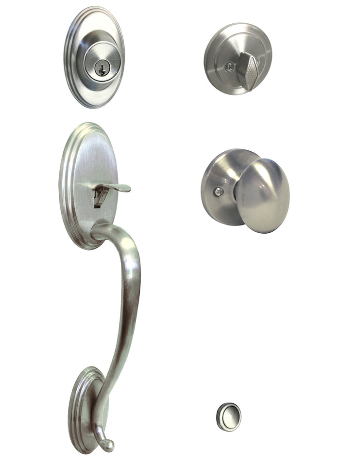 Satin Nickel Front Door Handleset With Oval Interior Knob.