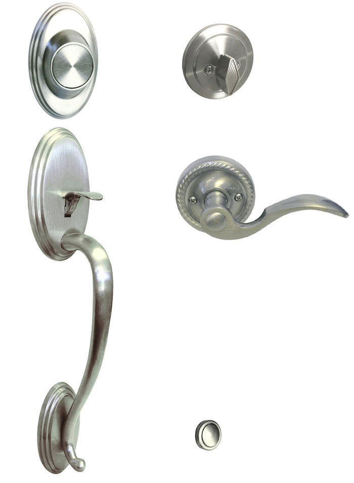Satin Nickel Front Door Handleset With Dummy Deadbolt and 6300 Interior Lever.