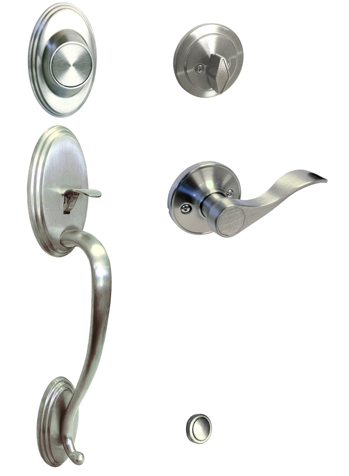 Satin Nickel Front Door Handleset With Dummy Deadbolt and 838 Interior Lever.