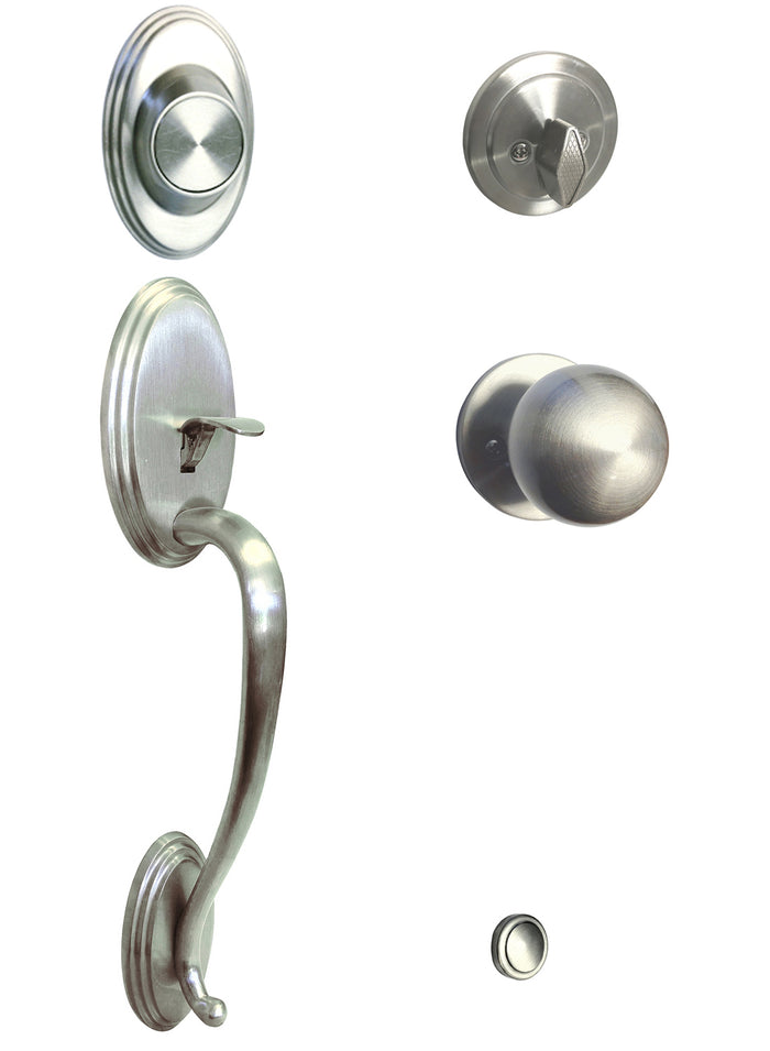 Satin Nickel Front Door Handleset With Dummy Deadbolt and Round Knob Interior Lever.