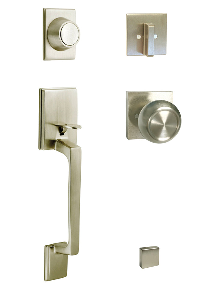 Satin Nickel Front Round Knobs Square Plate Door Handle Dummy Set