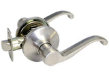 Satin nickel scroll passage door handle on a white background
