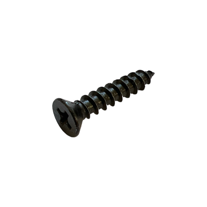 A single black finish wood screw with a flat head and Phillips drive style.