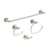 A 4 piece bathroom accessory set including a towel bar, toilet paper holder, towel ring, and towel hook, all in satin nickel finish.