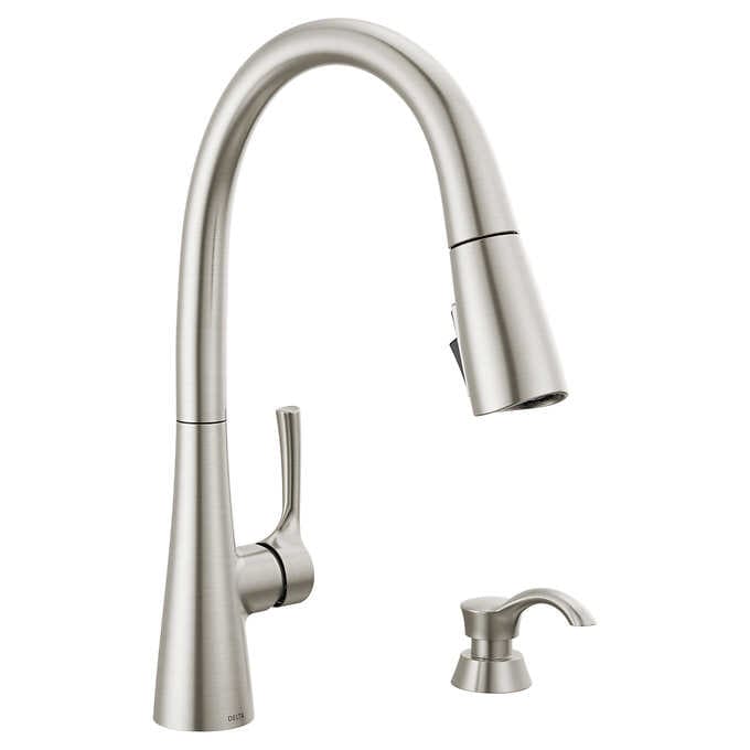 Delta Auburn Pull Down Kitchen Faucet and Soap Dispenser Satin Nickel