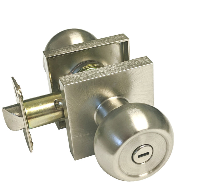 Satin Nickel Privacy Square Plate With Round Knob.