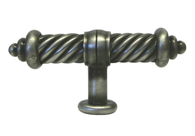 Antique Pewter 3" T Pull with Twisted Center and Decorative Endcaps.