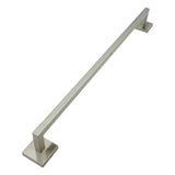 A modern single-handle towel bar with a brushed nickel finish, featuring square wall mounts at both ends, shown on a plain white background.