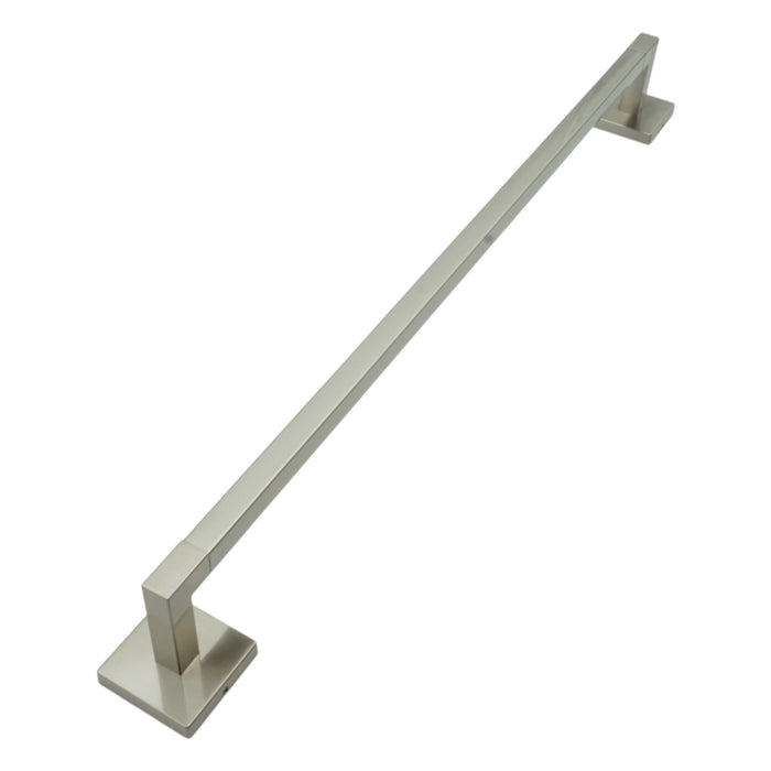 A modern single-handle towel bar with a brushed nickel finish, featuring square wall mounts at both ends, shown on a plain white background.