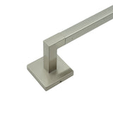 A modern wall-mounted towel bar with a square base plate, finished in a brushed silver metallic material, shown against a plain white background.
