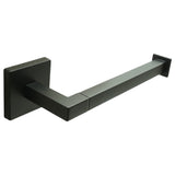 A modern wall-mounted toilet paper holder with a matte black finish, featuring a square backplate and a sleek horizontal arm.