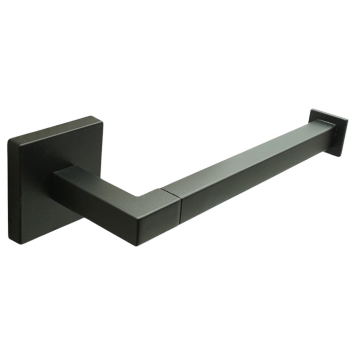A modern wall-mounted toilet paper holder with a matte black finish, featuring a square backplate and a sleek horizontal arm.
