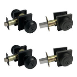 2 black entry knobs and deadbolts on a white background