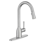 Stainless steel kitchen faucet on a white background