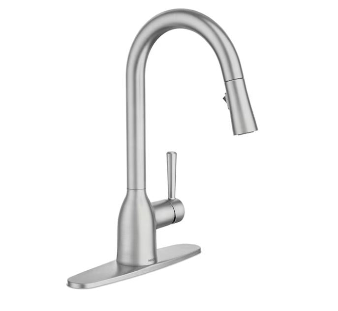 Stainless steel kitchen faucet on a white background