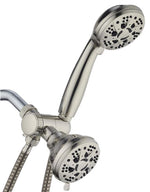 Brushed Nickel shower head with multiple nozzles on a white background