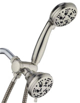 Brushed Nickel shower head with multiple nozzles on a white background