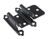 Two black metal hinges on a white background