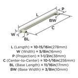 Technical drawing of a metal cabinet pull with labeled dimensions on a white background
