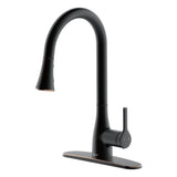 Flow classic oil rubbed bronze pull down kitchen faucet side photo showing handle and deck plate