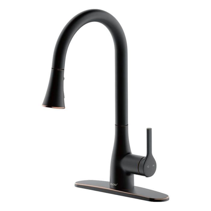 Flow classic oil rubbed bronze pull down kitchen faucet side photo showing handle and deck plate