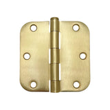 A 3-1/2 inch square satin brass door hinge with a 5/8 inch radius and multiple screw holes, isolated on a white background.