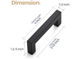 Black cabinet handle with dimensions labeled on a white background