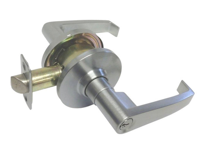A lever-style door handle lockset with a satin chrome finish and brass internal components, shown on a plain white background.