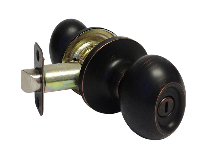 Dark oil rubbed bronze privacy oval door knob with a keyhole, shown from an side view and an inside view.