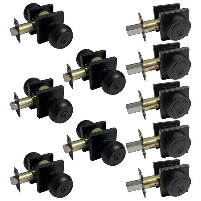 eBuilderDirect 5-pack black entry knob and deadbolt combo with square base, keyed alike.