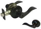 eBuilderDirect dark oil rubbed bronze privacy door lever handle with adjustable latch and inside view.