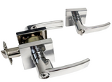 eBuilderDirect polished chrome square plate modern door lever handle with key lock, ANSI certified.