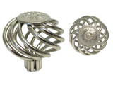 eBuilderDirect Satin Nickel 1 3/8" birdcage round knob with sunflower detail. Solid metal construction.